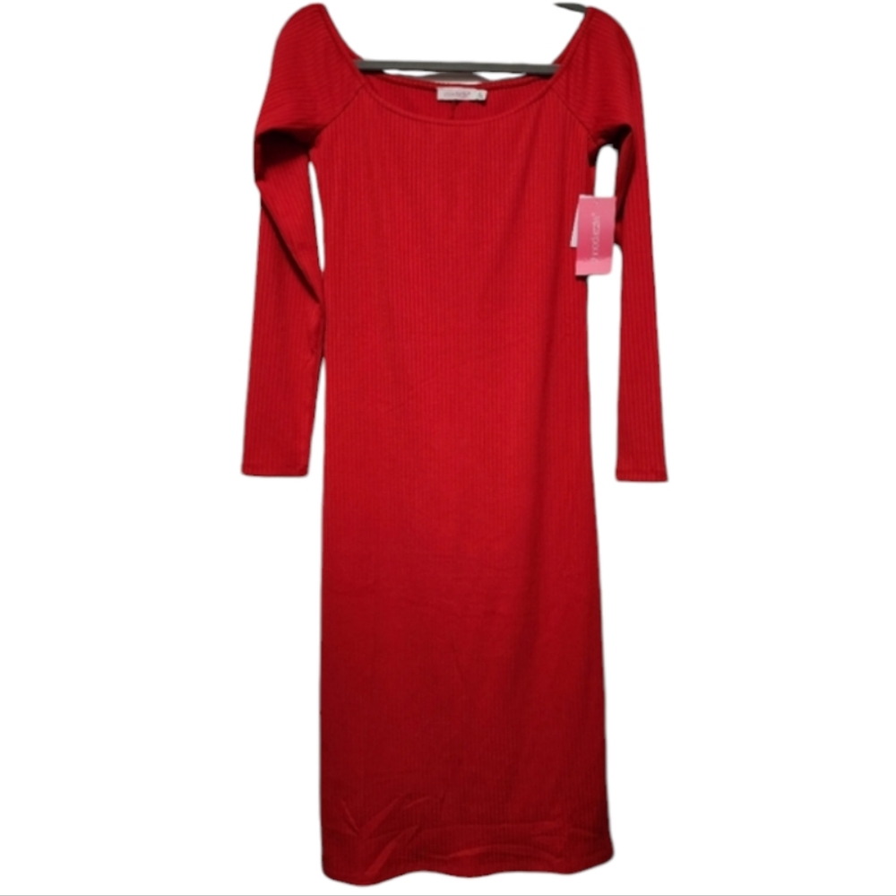 Shoedazzle Red Ribbed Bodycon Long Sleeve Dress